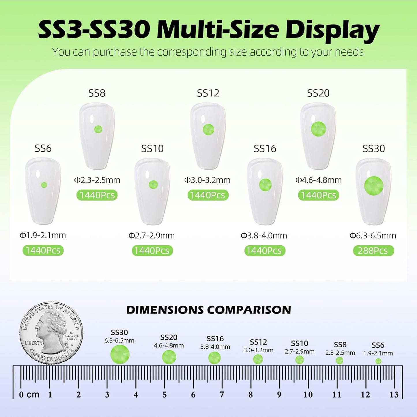 Mocha Lt.Green Flatback Rhinestones, Glass Rhinestones for Nail Art and Craft, Glue Fix, Loose Crystal Gemstones(Mocha Lt.Green, SS6, 1440pcs, 1.9-2.0mm)