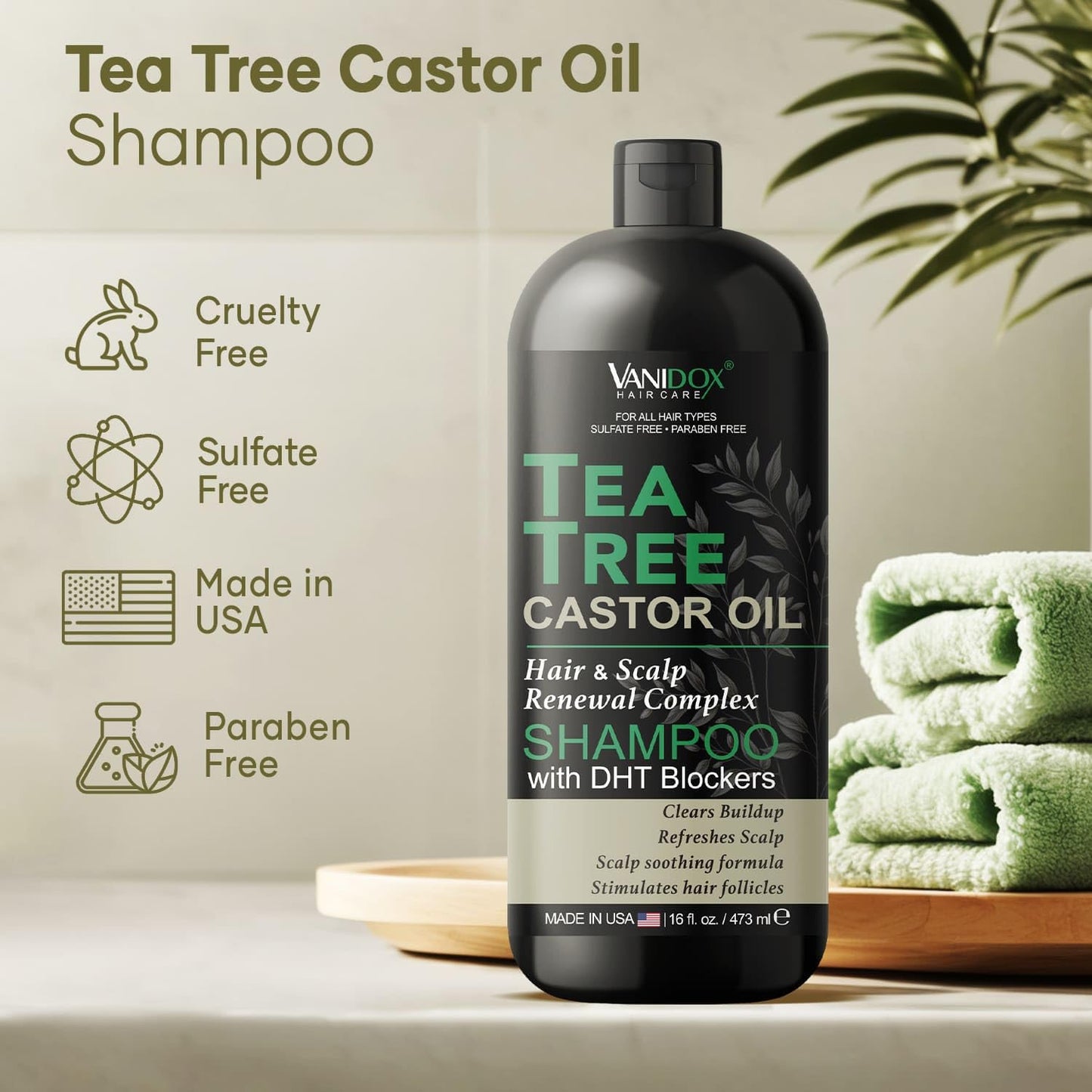 Tea Tree Oil Shampoo with Castor Oil, DHT Blockers, Itchy Scalp Relief, Supports Fuller Hair, Cleanses Dandruff & Buildup, For Men & Women, Made in USA, 16 fl oz