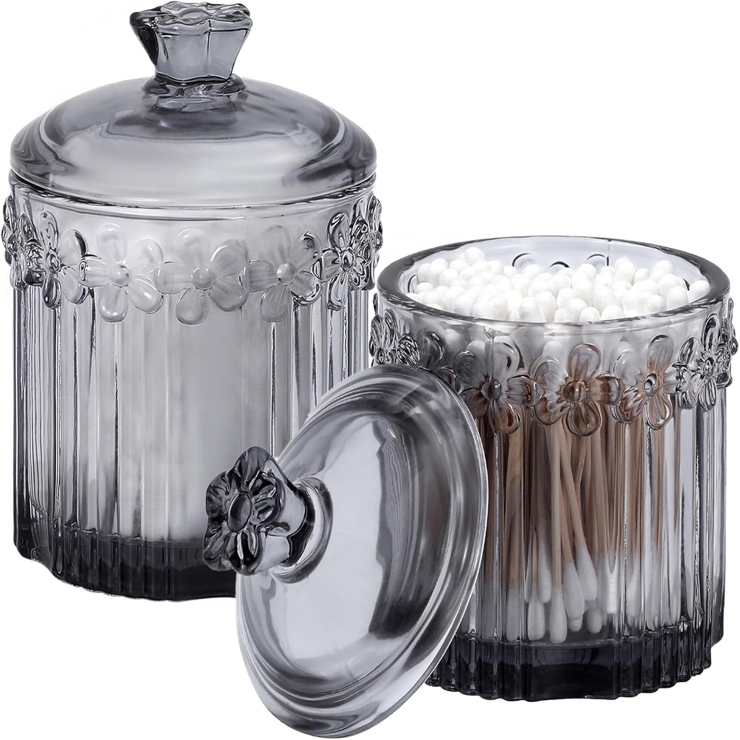 rejomiik 2 Pack Qtip Holder Glass Apothecary Jars with Lids Set Bathroom Canisters Dispenser Organizers and Storage for Cotton Swabs, Balls, Pads, Floss Picks, Candy, Grey