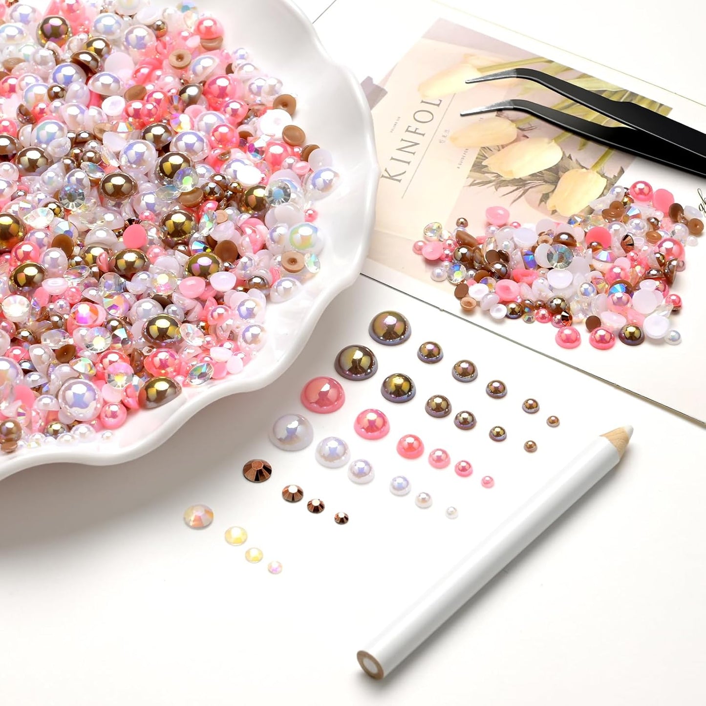 80g Mix Flatback Pearls and Rhinestones for Crafts Pink Brown Mixed Size 2mm-10mm Half Round Pearls Rhinestones for Nail Art Tumblers Shoes DIY Bedazzling with Tweezers Wax Pen