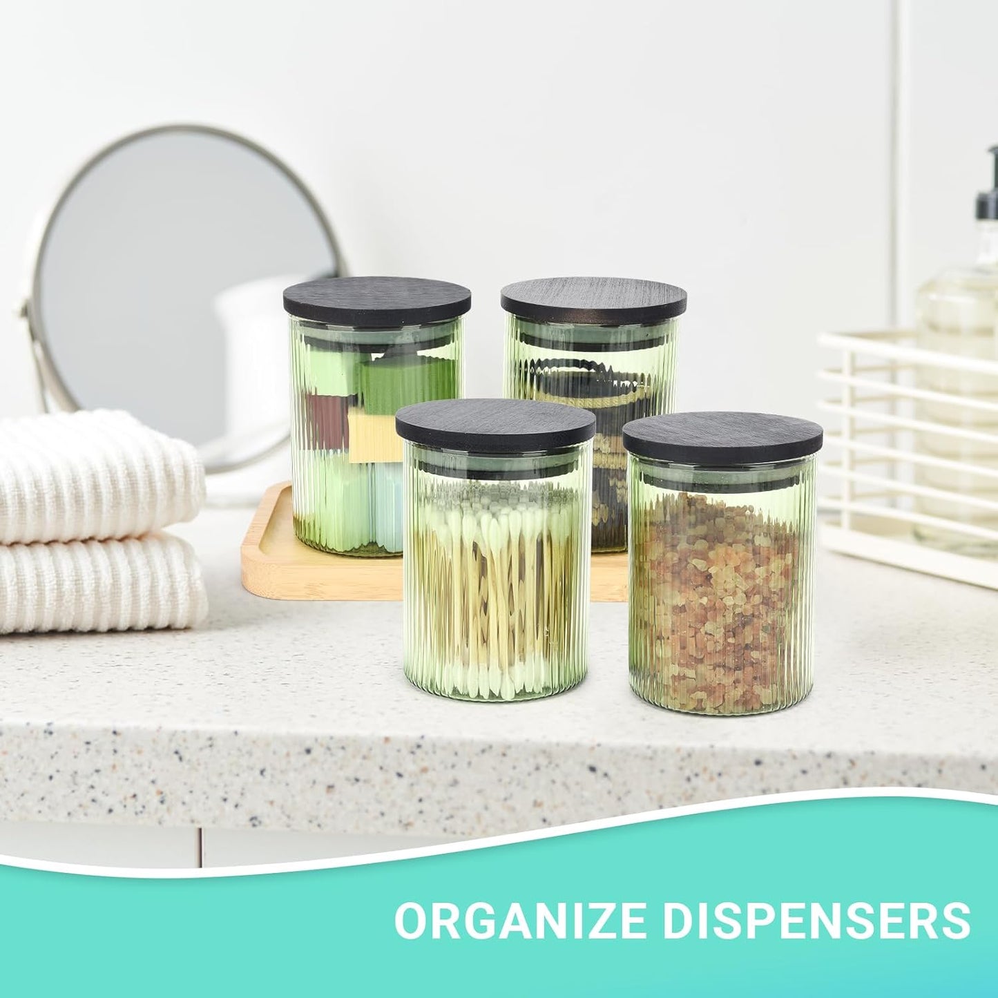 2 Pack Ribbed Glass Qtip Holder Dispenser Set - Apothecary Jars with Lids - Bathroom Canister Storage Organizer and Vanity Makeup Organizer for Cotton Ball,Swab,Round Pads,Floss