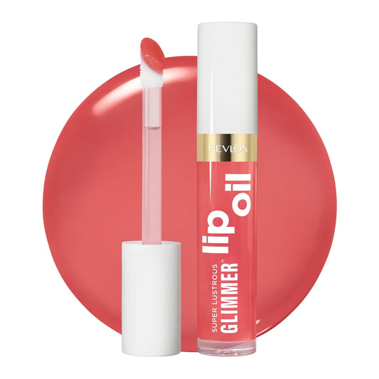 REVLON Super Lustrous Glimmer Lip Oil, Moisturizing & Tinted, Shiny Finish, Made with Plant-Based Squalane, 007 Posh Peach, 0.13 fl oz