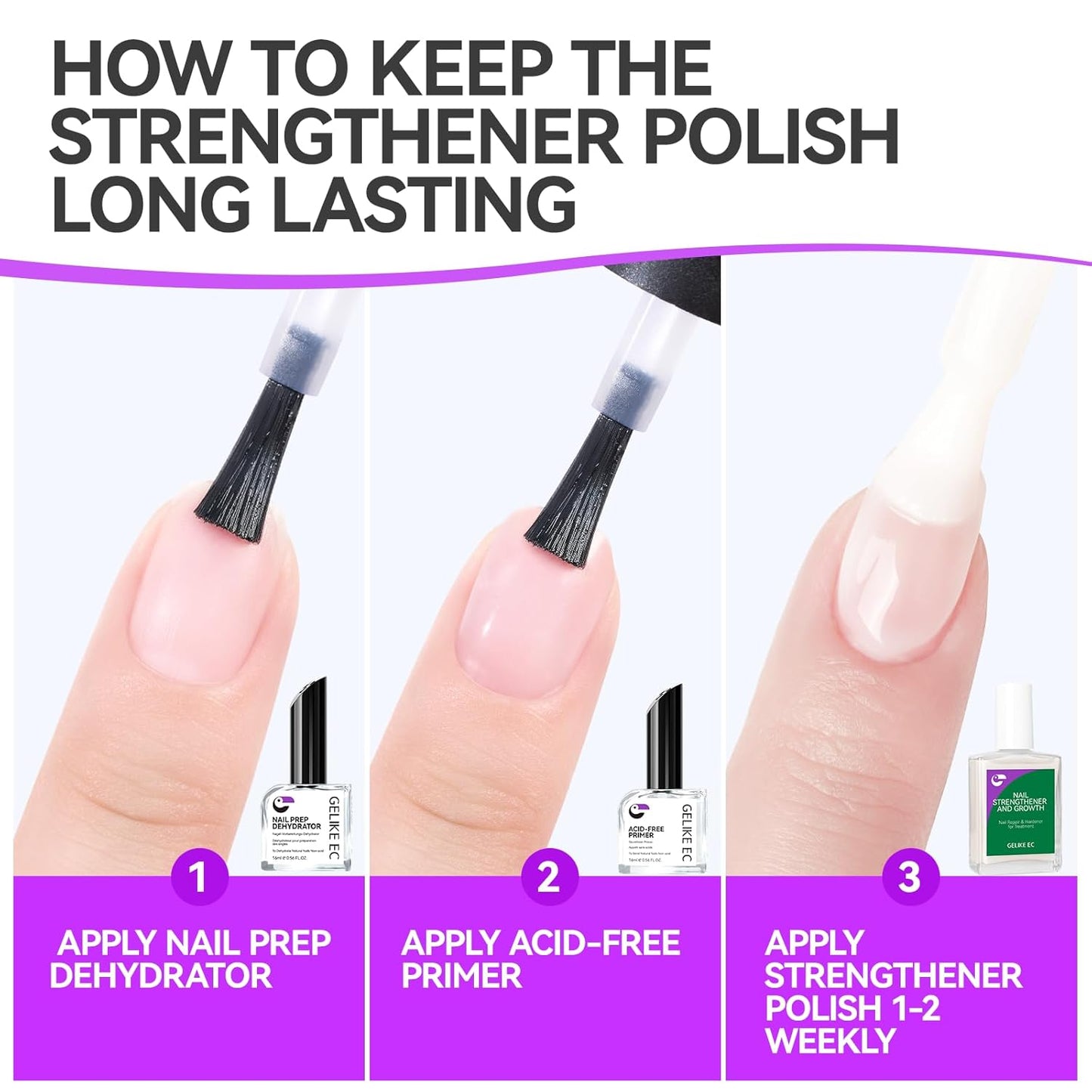 Nail Polish Strengthener and Growth Treatment: Pink Gelike EC 6 in 1 Natural Nail Hardener Extra Strong and Growth - Long Lasting Nail Repair for Damaged Nails - For Daily Work Home Salon