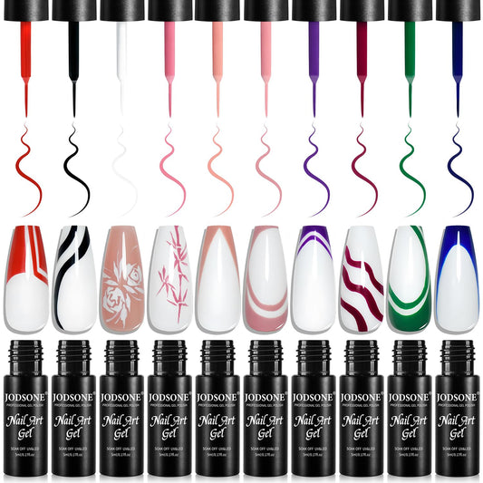 JODSONE Nail Art Gel Liner Set 10 Colors White Red Black White Gel Nail polish Need U V Lamp Cured with Thin Brush