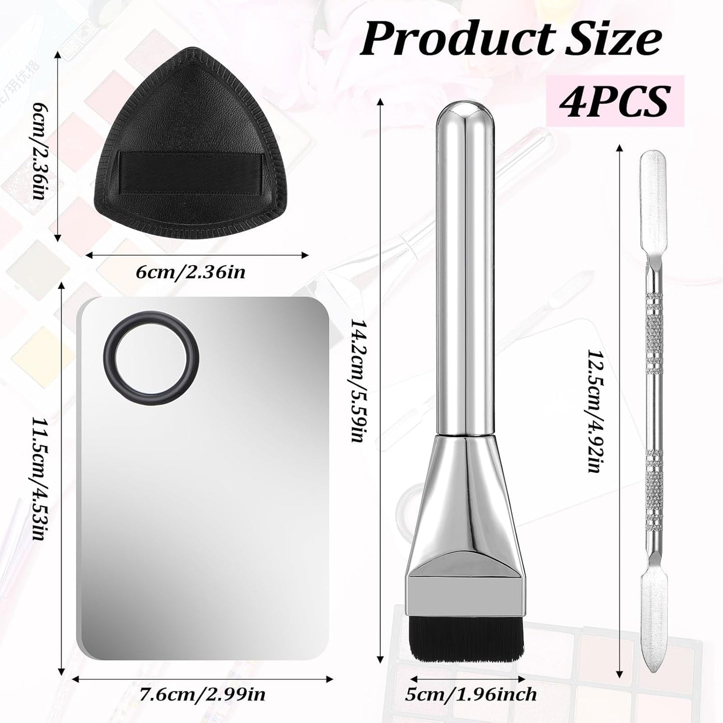 4 Pcs Makeup Foundation Mixing Palette Set Including Make Up Spatula, Makeup Brush, Palette Tray, Powder Puff, Foundation Makeup Mixing Palette, Makeup Palette Tray (Stainless Steel)
