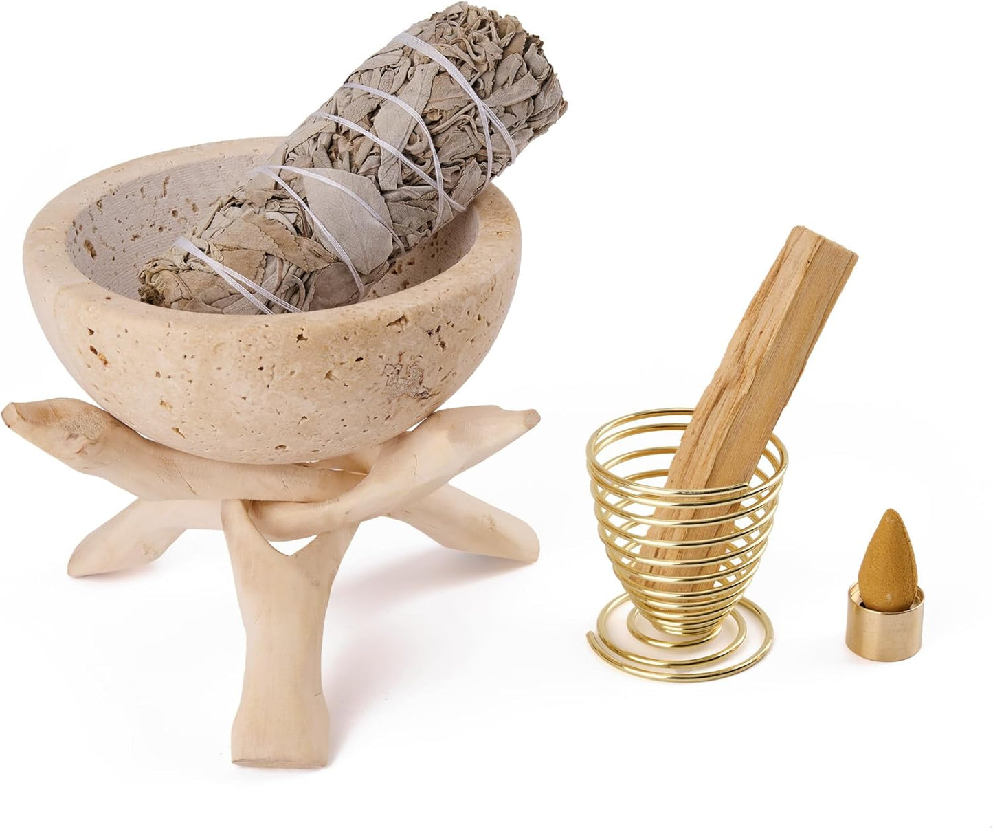 Natural Marble Incense Holder, Palo Santo and Sage Burner, Handmade Incense Burner for Smudging, Incense Burning, and Home Decoration (Cream)