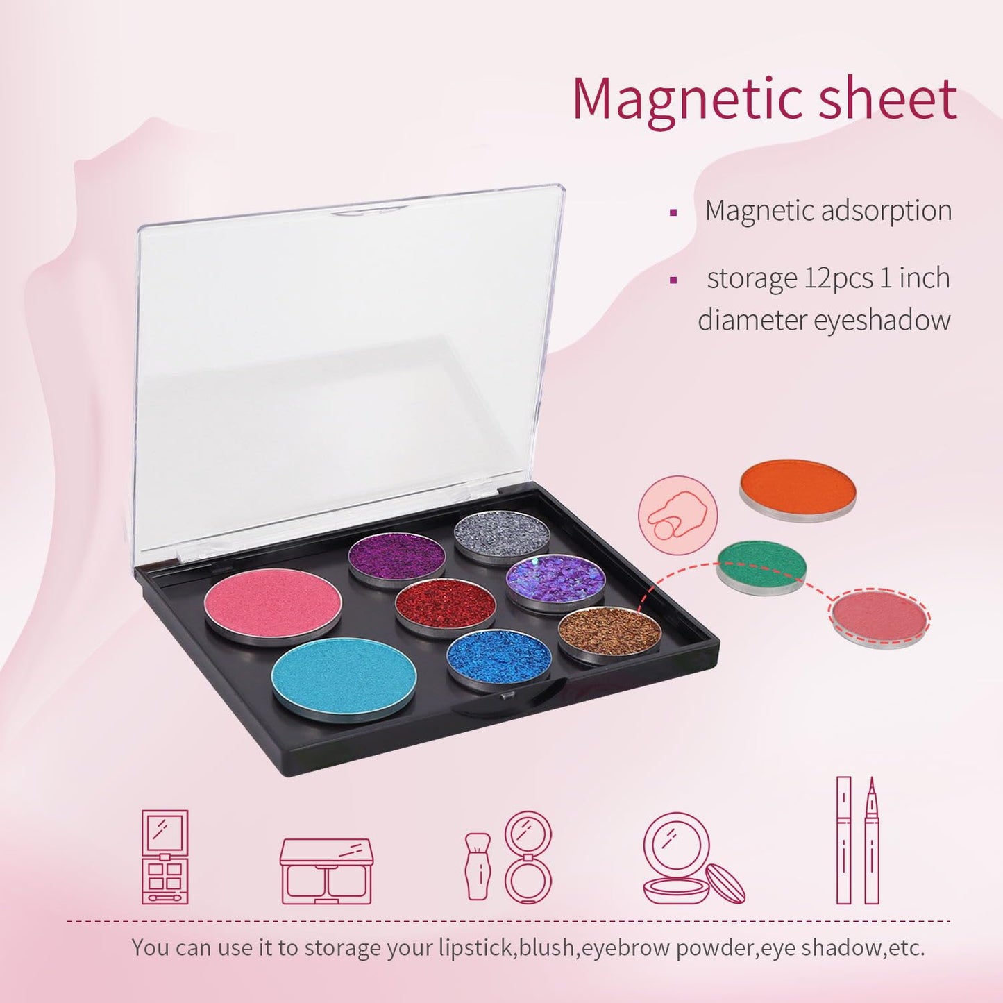 Magnetic Makeup Palette with Clear Top, 3Pack Empty Eyeshadow Pan Dispensing Storage Box with 60Pcs Adhesive Metal Stickers for DIY Cosmetics Lipstick Blush Powder-4.8" x 4"Palette