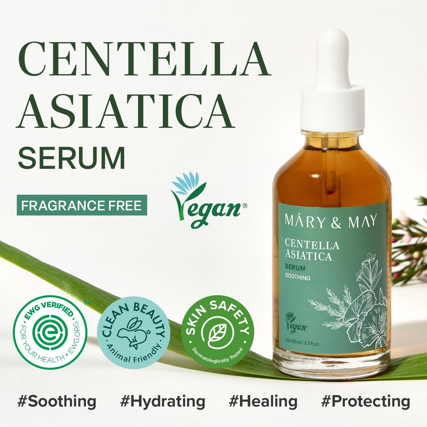 Mary&May Korean Centella Asiatica Serum 95% Pure Extract - Skin Soothing Facial Serum for Irritated Skin - Fast-Absorbing Non-Sticky, EWG Green Grade Fragrance Free, Korean Skincare, 2.71 fl.oz.