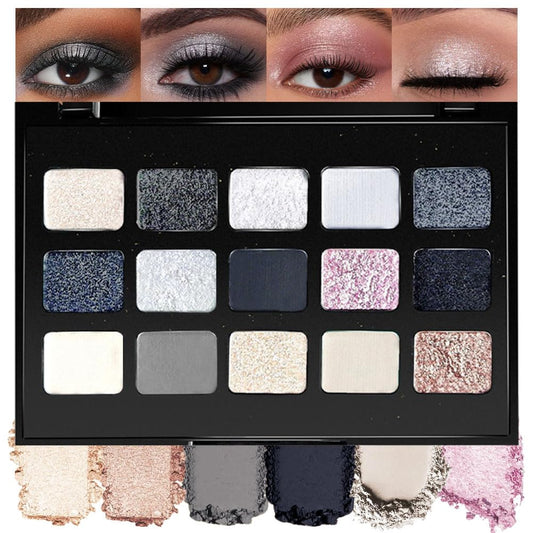 SUAKE 15 Colors Matte Shimmer Pearlescent Eyeshadow Palette for Eye Makeup,High Pigmented Smoky Dark Punk Metal Eye Shadow Primers Powder, Flashing sombras de ojos for Cosplay - Black Gold Blue Brown