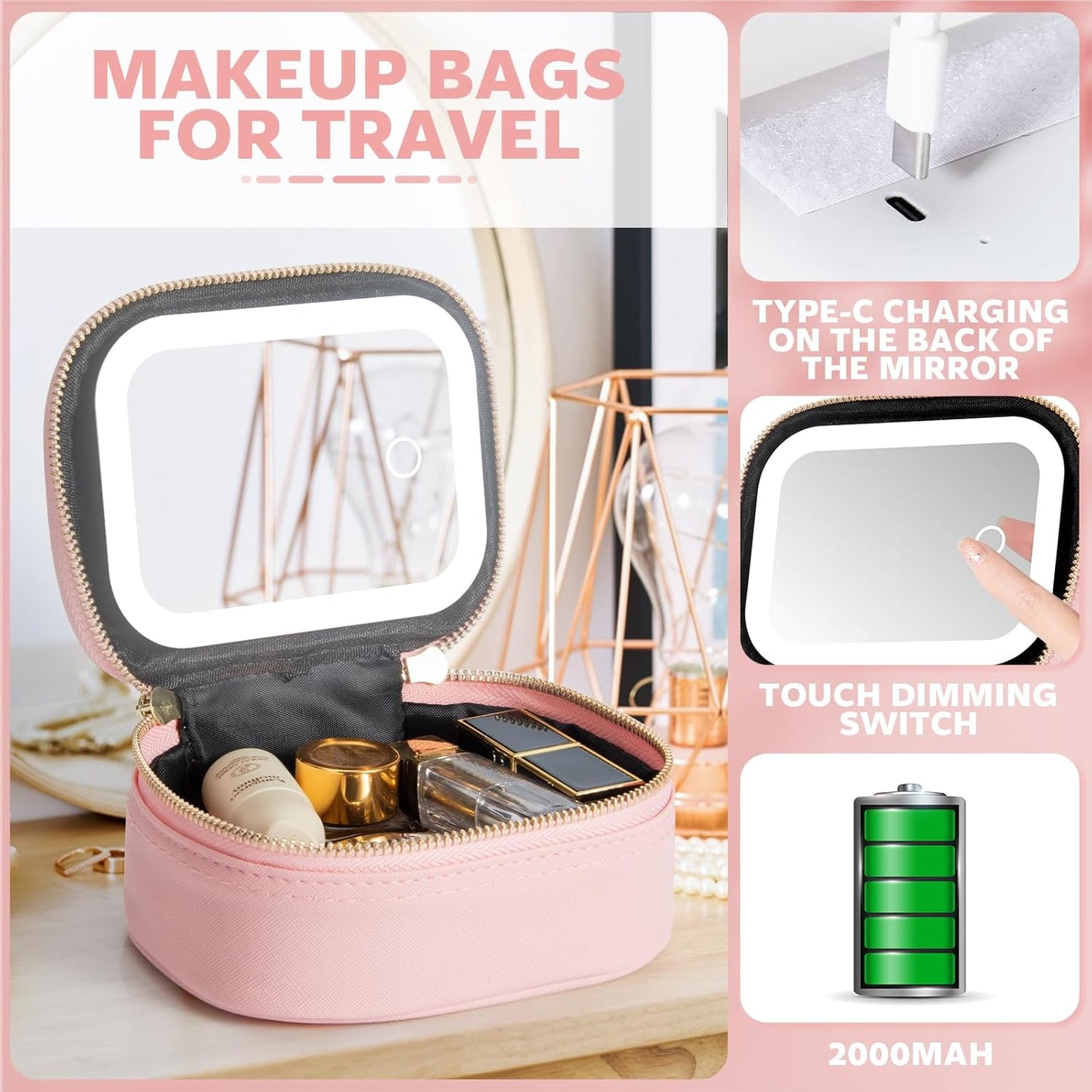 Small Makeup Bag Travel Train Case with Mirror and Light Mini Travel Make up for Women Train Case Cosmetic Organizer 3 Adjustable Brightness Toiletry Bag Portable Artist Storage