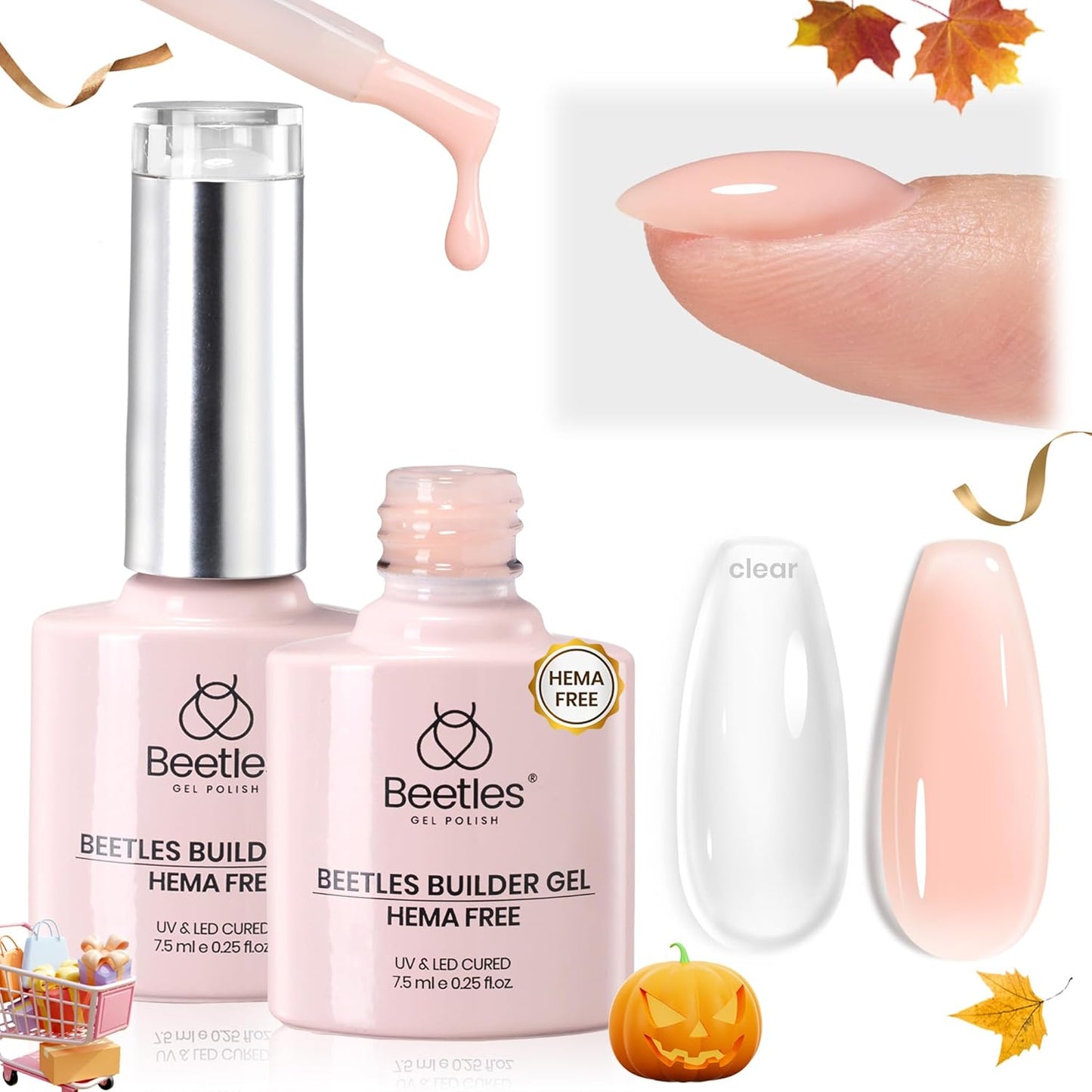 Beetles Builder Gel for Nails HEMA-Free,2 Colors 7 in 1 Clear & Nude Strengthener Gel for Building Nail Apex & Extension LED Lamp Cured Sensitive Nails Friendly for Beginners & DIY Fall Nails Salon