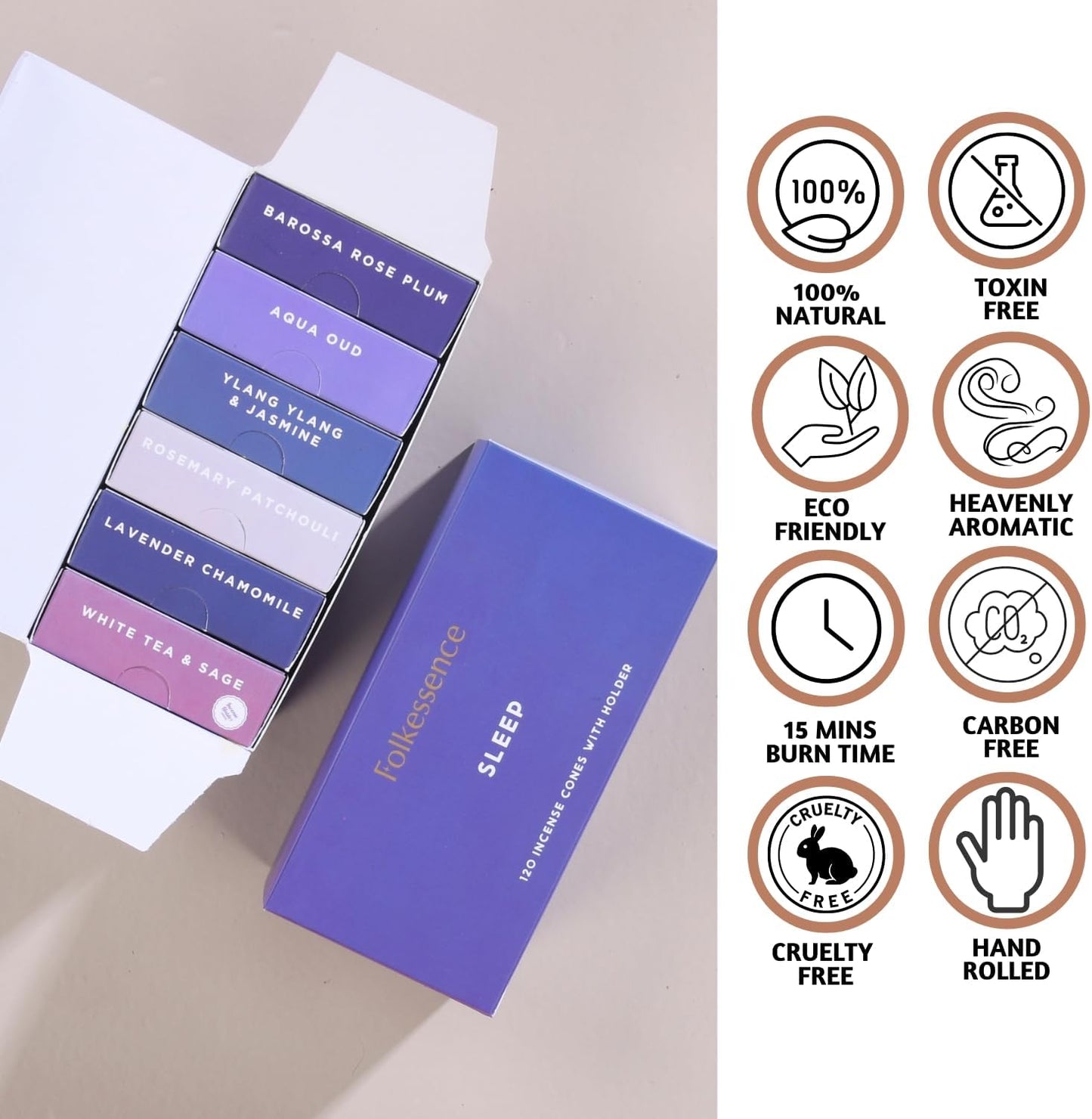 Folkulture Incense Cones Scented | Set of 6 Fragrances (120 Cones) with Incense Cones Holder for Relaxation | Rosemary Jasmine, Patchouli Incense, Lavender Incense Variety Pack | Inscents-Cones
