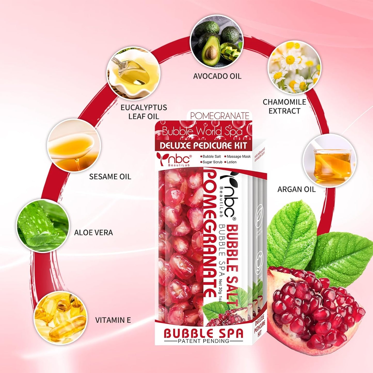 Pedicure Kit Foot Soak Set: Bubble Salt, Sugar Scrub, Massage Mask, Massage Lotion in a Box, 4 Step Foot Spa Kit for Dry Feet,Tired Feet（3 Set Pomegranate)