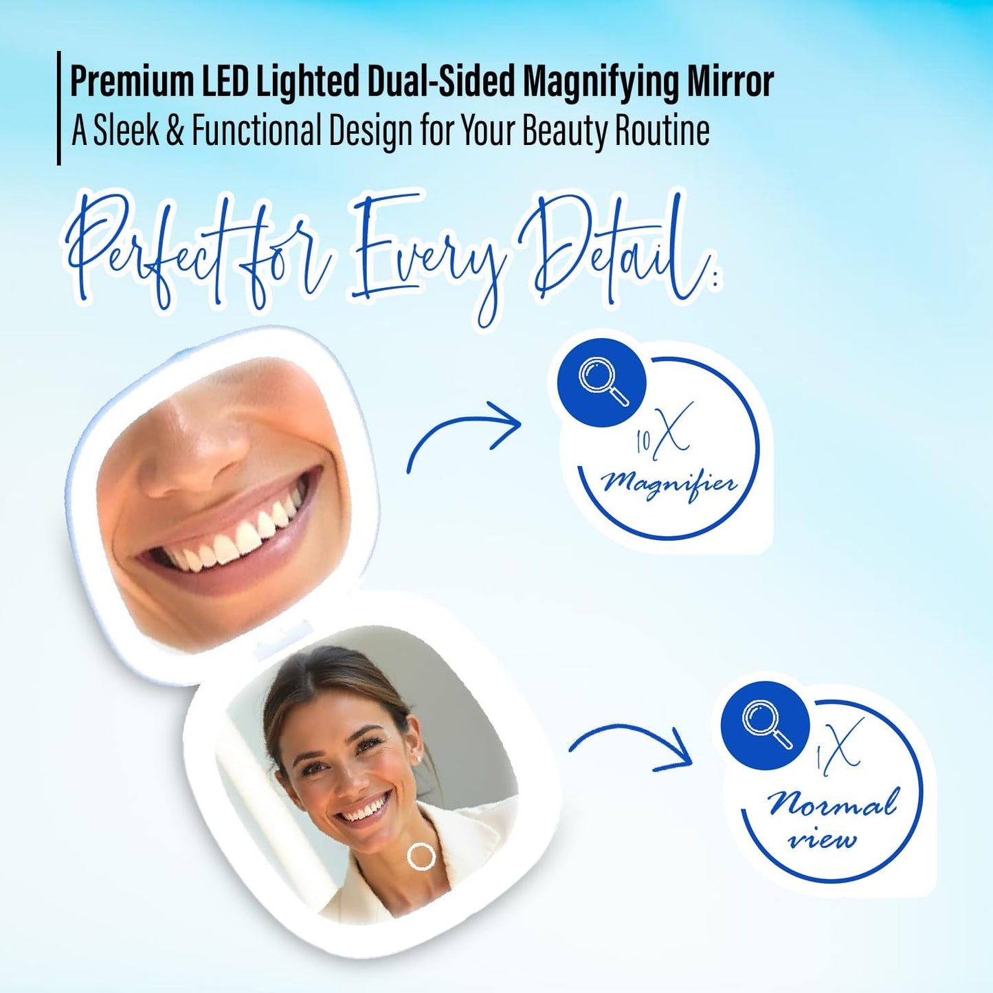 LED Compact Mirror – 1x & 10x Magnification | Travel Makeup Mirror with Adjustable Lighting | Handheld & Pocket-Sized Portable Mirror with Protective Pouch (Blue)