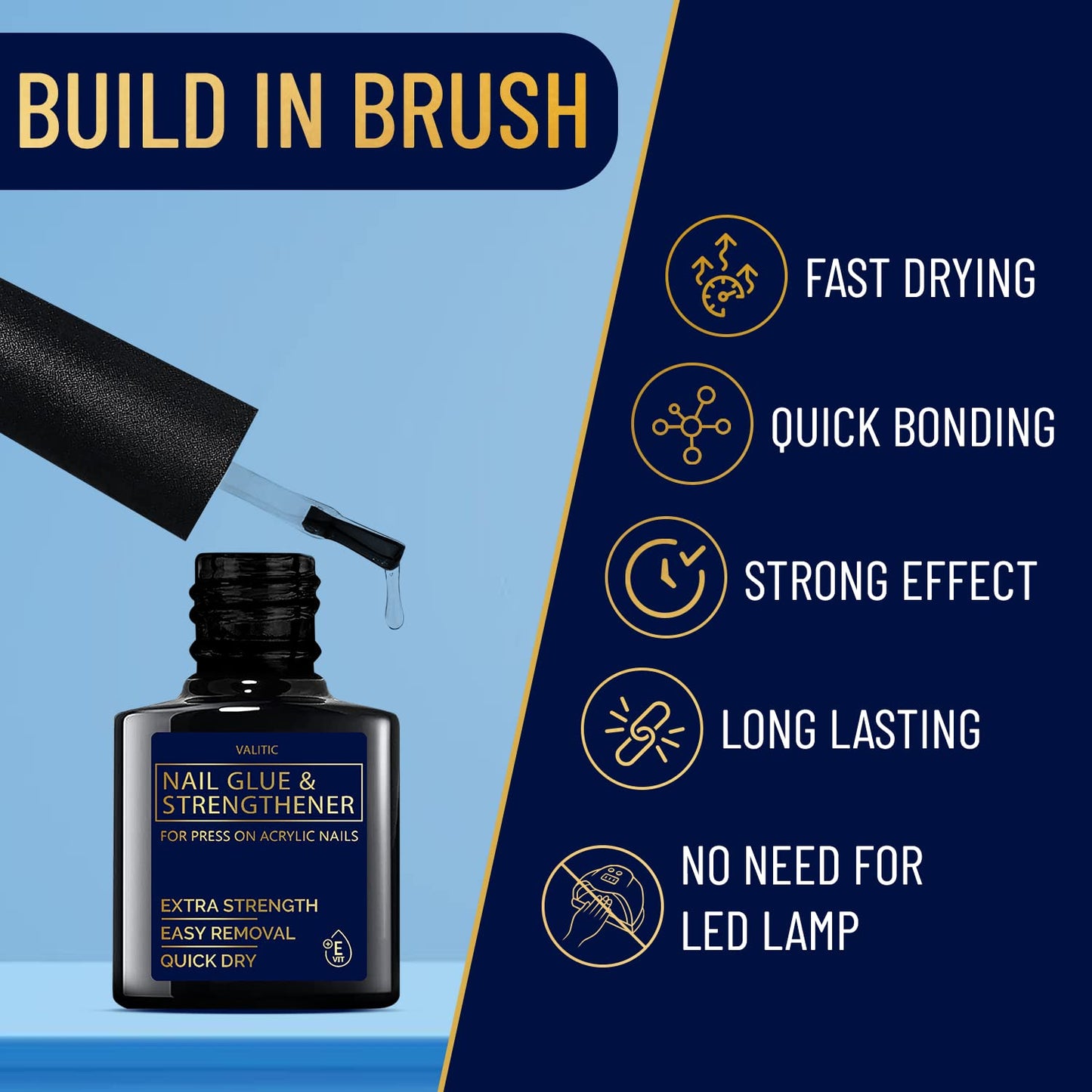 Valitic Strong Nail Glue and Strengthener for Acrylic and Press On Nails - Quick Dry Brush On Gel for Long Lasting Effect - Adhesive Nail Bond for False Nails with Tips Strengthener - 3 PACK