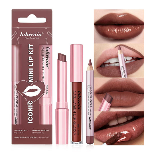 3PCS Lip Liner and Lipstick Combo Set - Matte Lip Liner Pencil, Velvet Matte Lipstick & Hydrating Collagen Lip Gloss - Long-Lasting, Smudge-Proof, High Pigment Nude Brown Lip Makeup Kit (Set 3, 3)