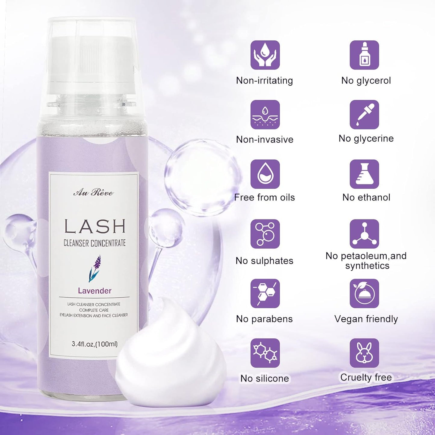 Eyelash Cleanser Concentrate 100ml Eyelash Extension Cleanser Inside the Eyelash Extension Kit Oil-Free Eyelash Extension Shampoo Perfect for Salon-Can Make Ten 60ml bottles of Lash Shampoo，Lavender
