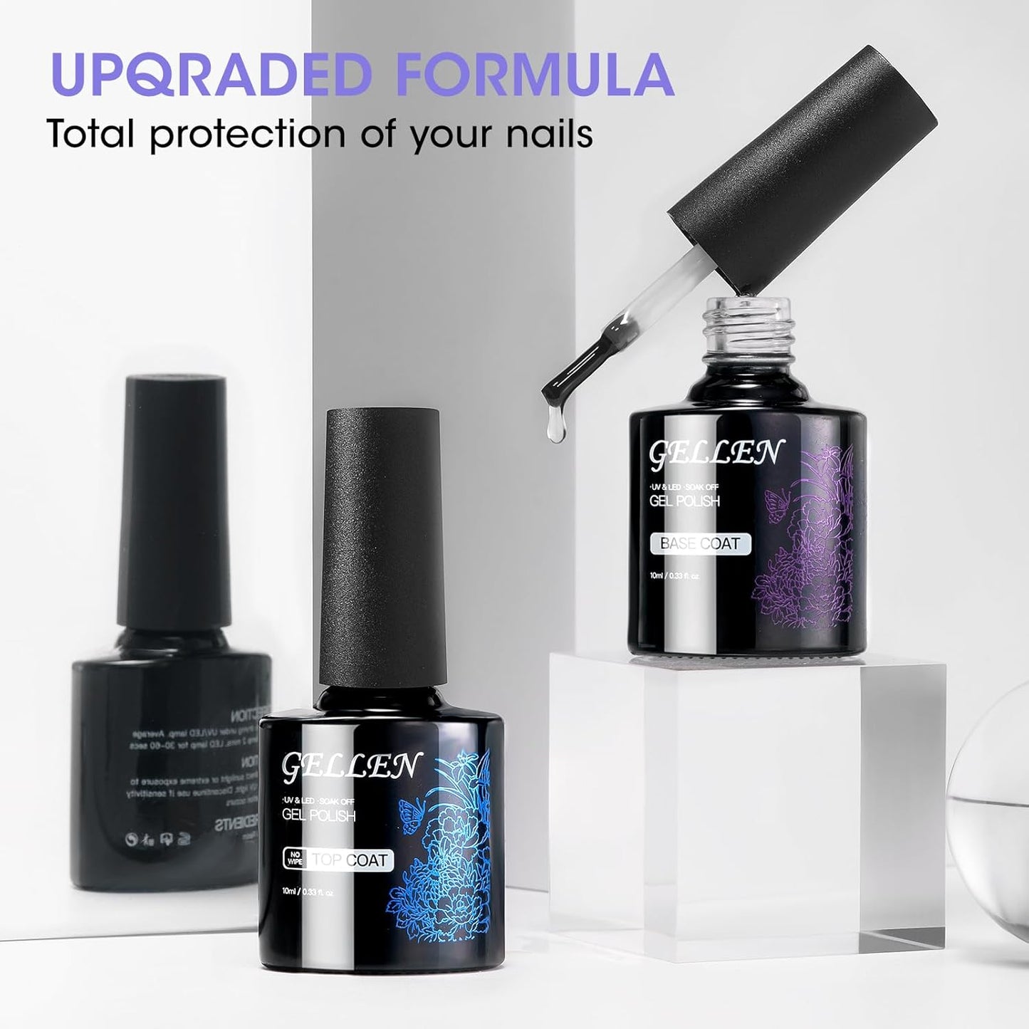 GELLEN Gel Top Coat and Base Coat, 2Pcs No Wipe Gel Nail Polish, Soak Off Nail Lamp Clear Base Top Coat Long Lasting Finish Nail Art Design Home Gel Manicure Kit