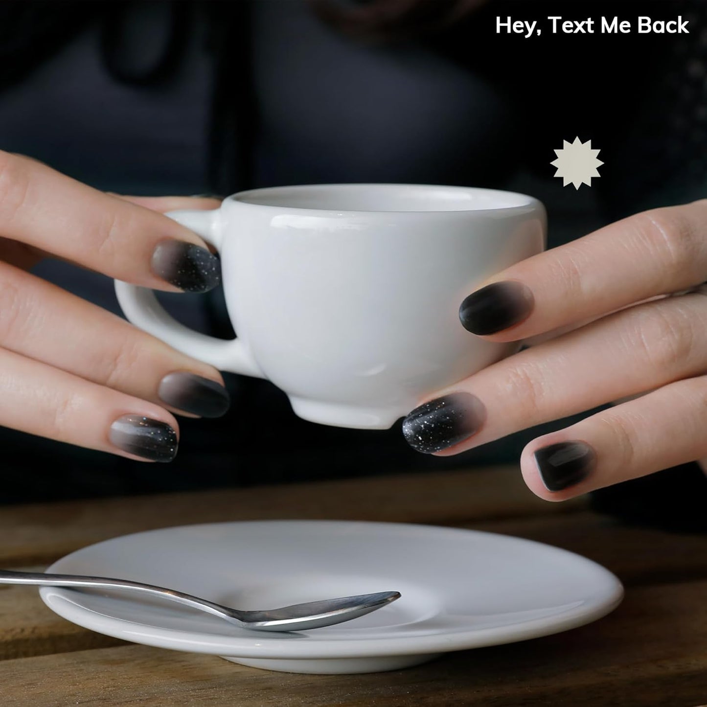 Semi Cured Gel Nail Strips | No LED Lamp Needed | Ombre, Black | Easy Apply & Remove, Salon Quality | Includes 28 Strips, 1 Prep Pads, Nail File & Wooden Stick - Hey, Text Me Back