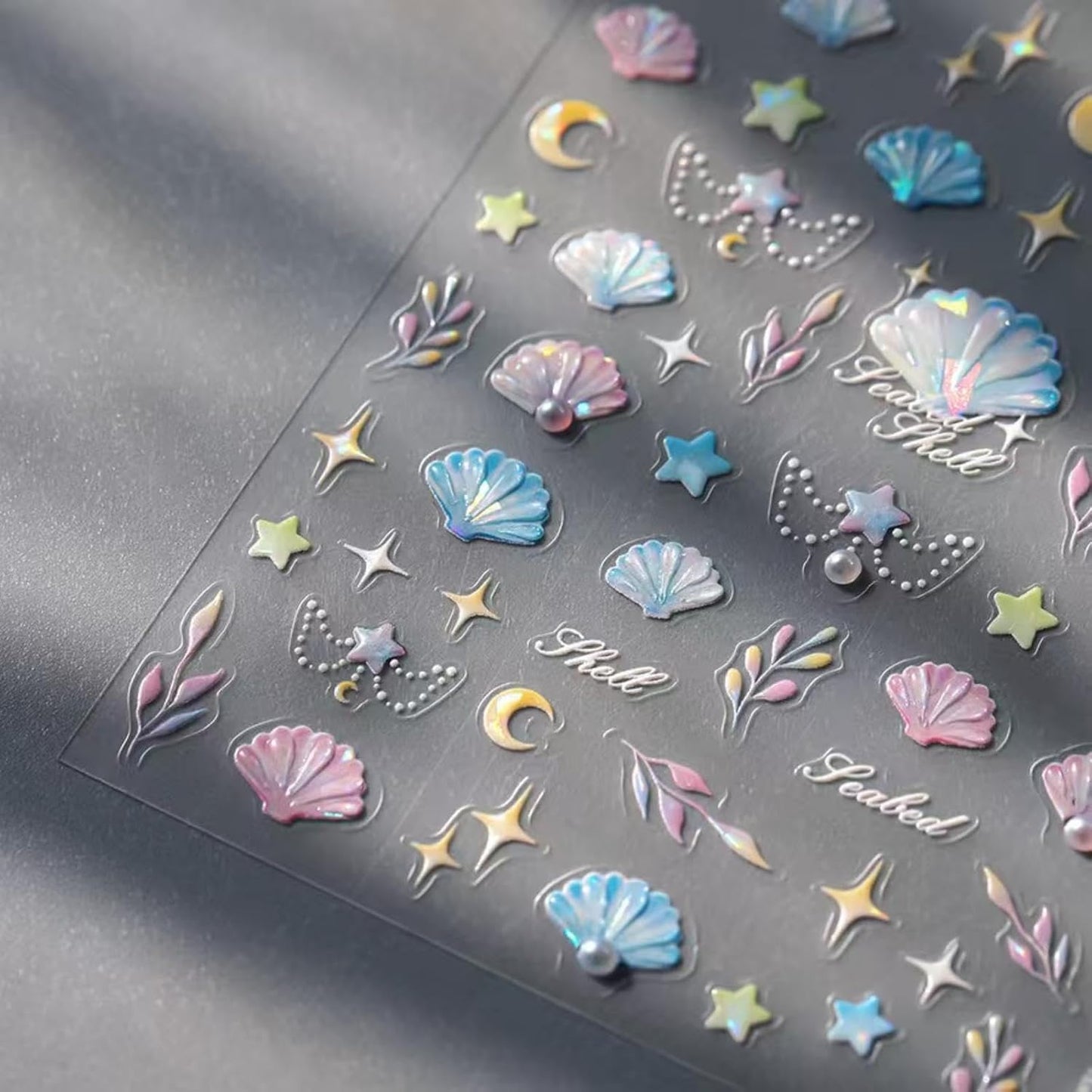 Sea Shells Nail Art Stickers Blue Pink Nail Decals Self Adhesive 5D Embossed Nail Sticker Pearl Design for Women Girls Supplies Summer Nails Decorations Accessories