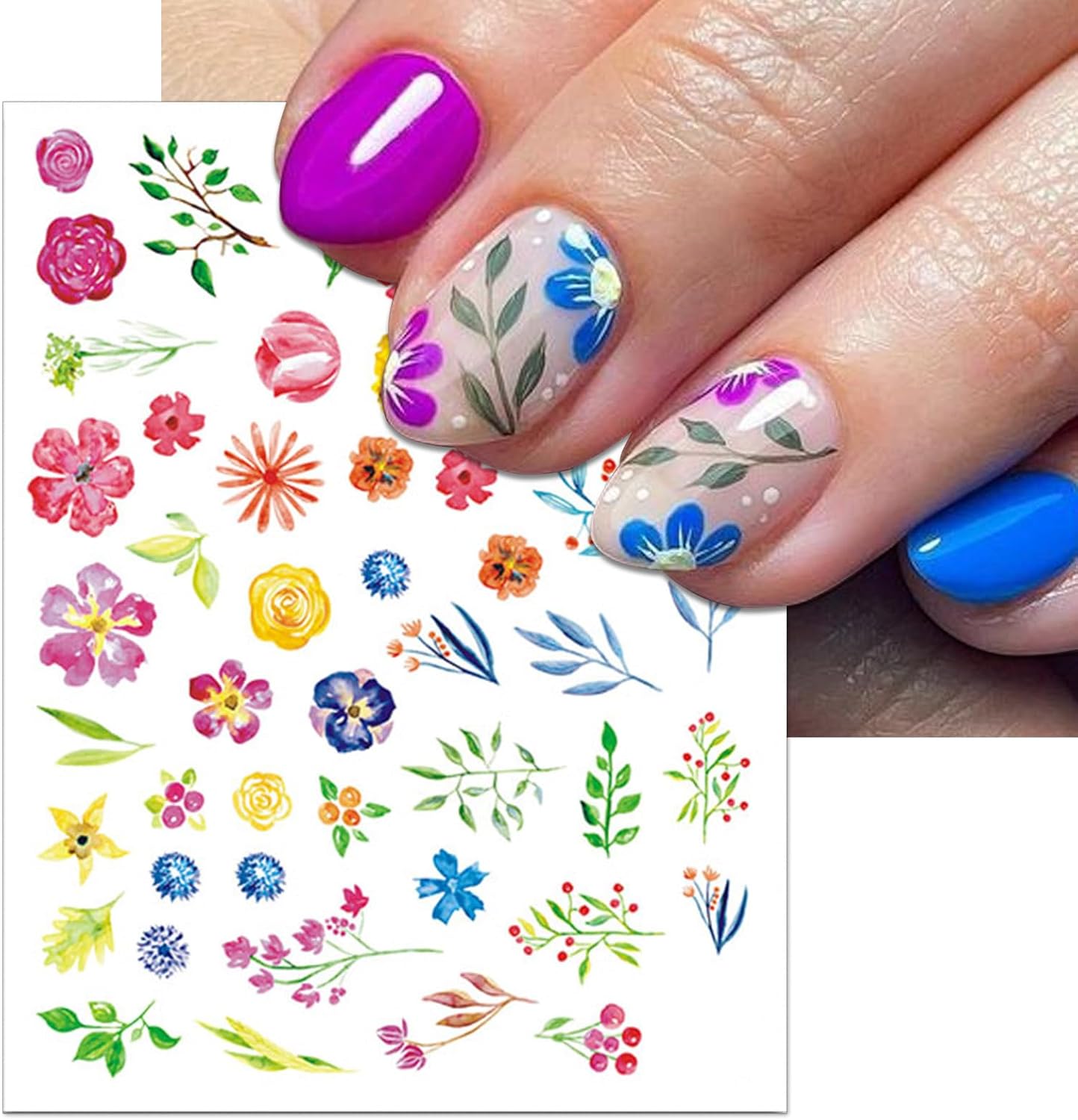 12 Sheets Flower Nail Art Stickers, Self-Adhesive Variety Colorful Floral Nail Decals, 3D Design Butterflies Dragonfly Nail Decorations for Women
