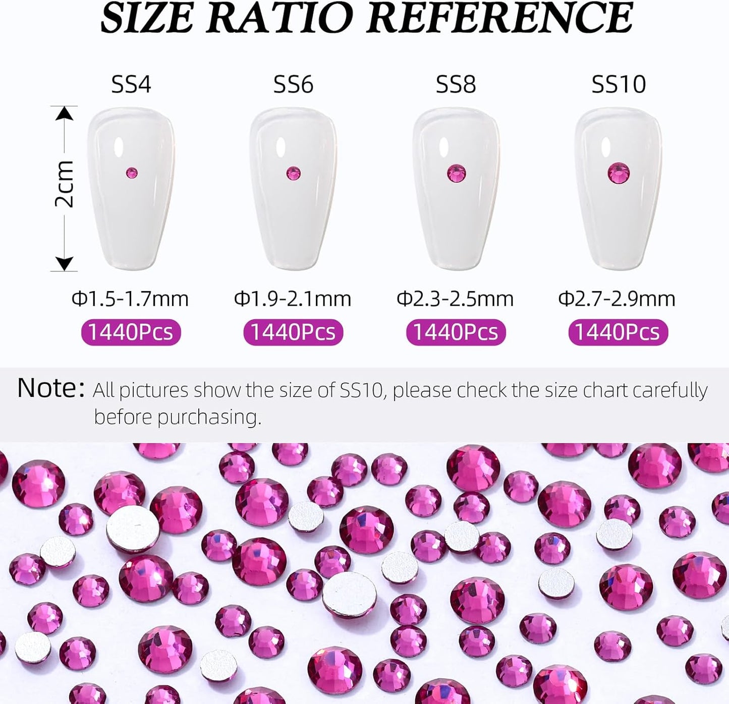 Fuchsia Flatback Rhinestones, Glass Rhinestones for Nail Art and Craft, Glue Fix, Loose Crystal Gemstones(Fuchsia, SS4, 1440pcs, 1.5-1.7mm)
