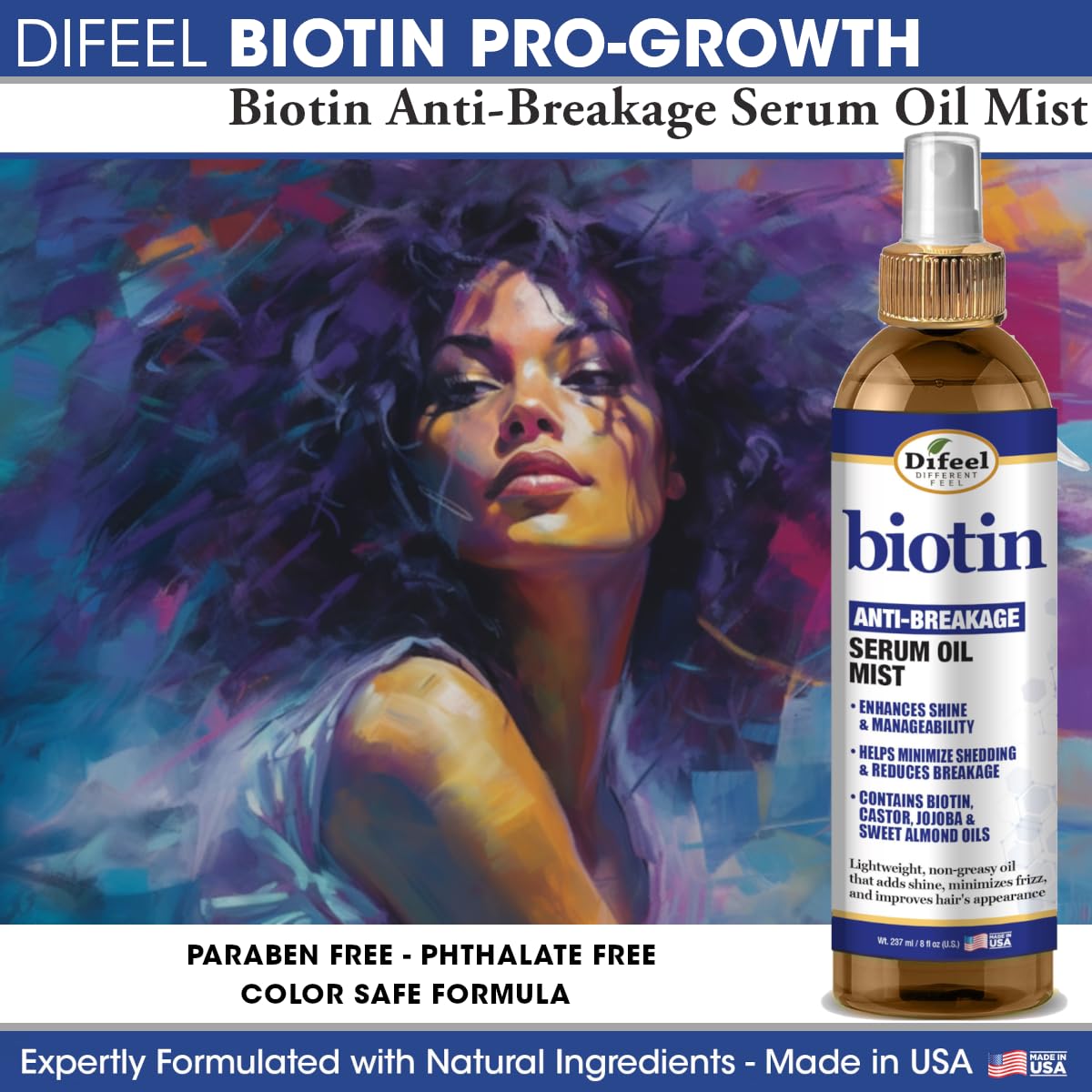 Difeel Biotin Anti-Breakage Serum Oil Mist 8 oz. - Nourishing Anti-Frizz Serum, Lighweight Hair Oil Mist for Frizz and Hair Breakage, Improves Shine