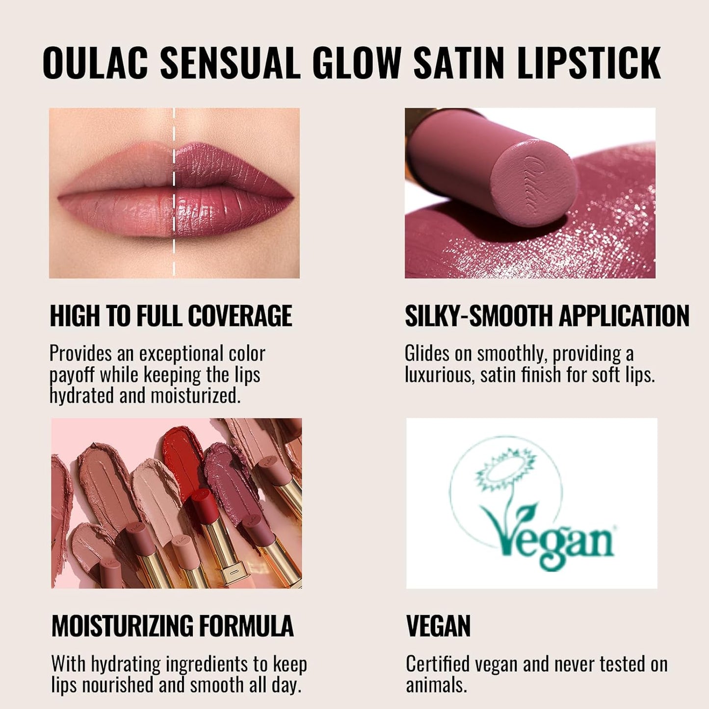Oulac Color Rich Satin Lipstick - Greyish Brown Full Coverage Lip Color, Creamy Silky-Smooth, Moisturizing, Satin Matte Finish, Infused With Shea Butter, Vegan & Clean Beauty, 4g, SG12 Boundless