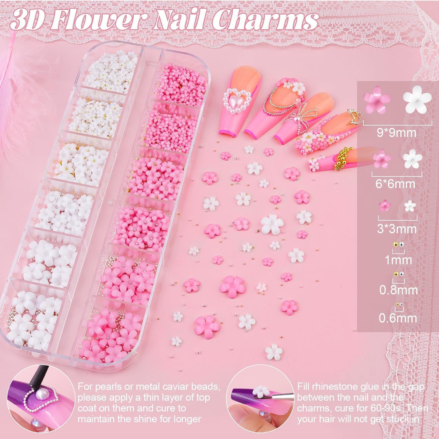 Flatback Pearls (White) and 3D Flowers for Nail Art, Pearl Nail Charms and Nail Flowers Blossom with Small Round Caviar Nail Beads Nail Accessories for Acrylic Nail Tips Manicure Decor