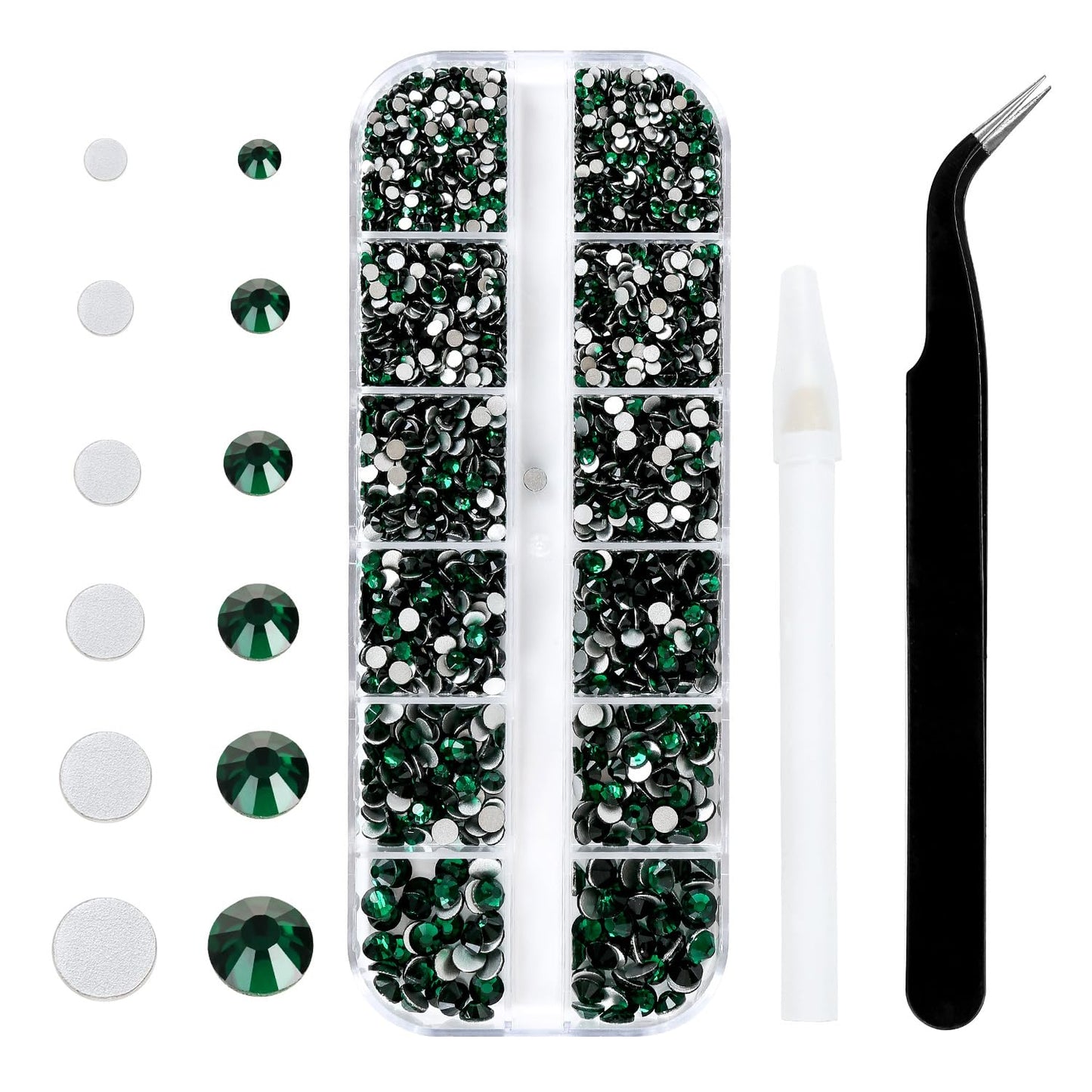 4240Pcs Malachite Green Flatback Rhinestones 6 Sizes Crystal Diamonds for Nail Art Crafts Clothes Shoes with Tweezers and Picking Pen
