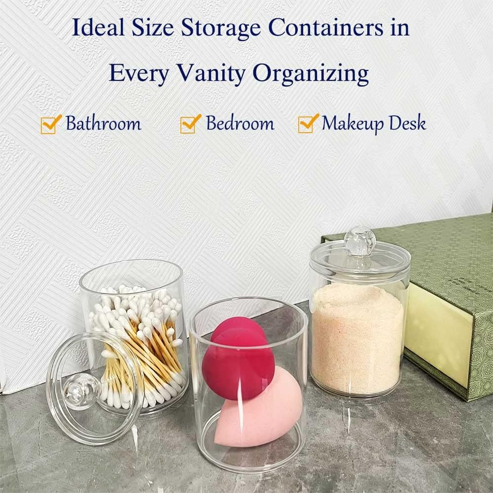 Qtip Holder Dispenser for Cotton Ball, Swab, Round Pads, Floss Picks - 10 oz Clear Plastic Apothecary Jar Set for Bathroom Canister Storage Organization, Vanity Makeup Organizer