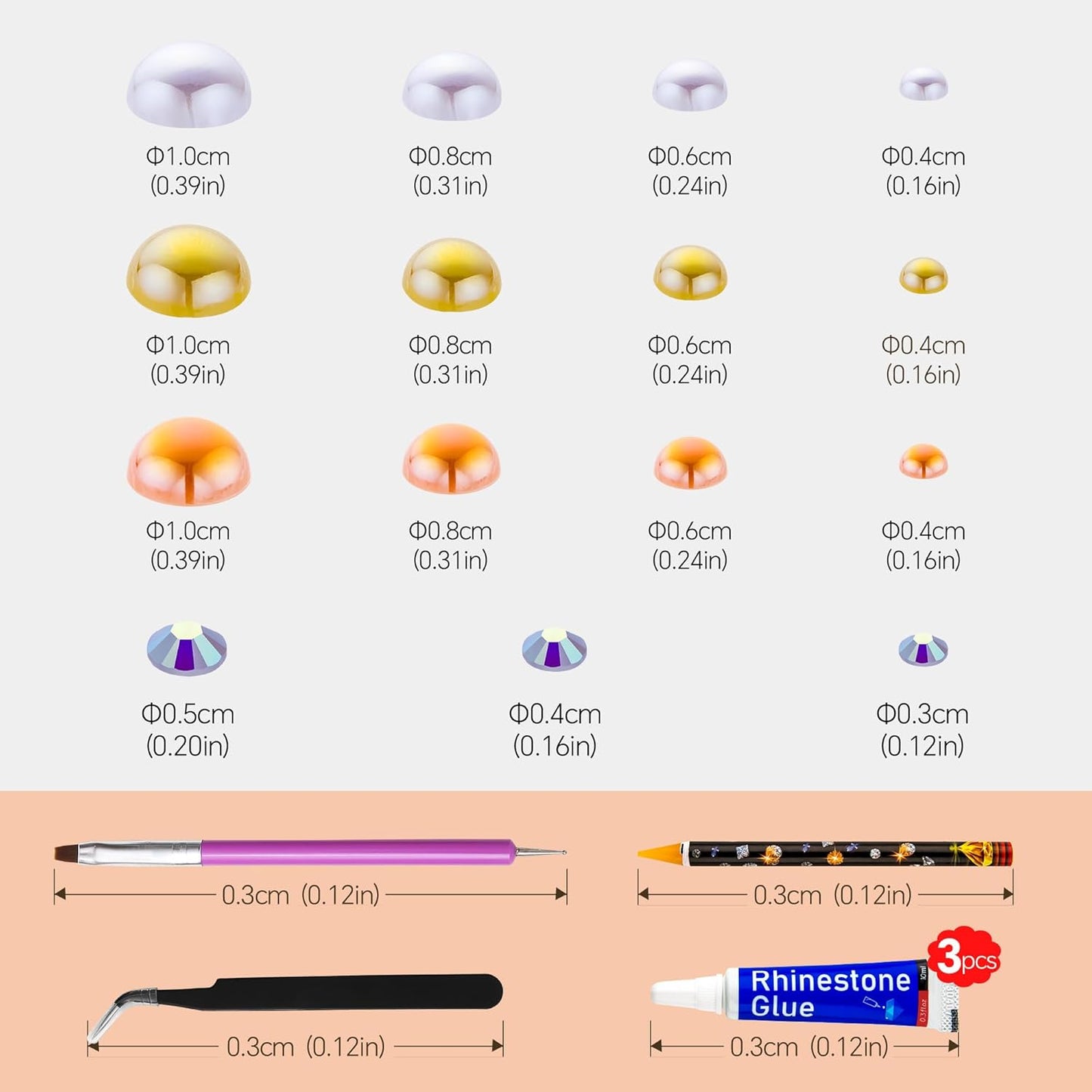 60g Orange Citrine Pearls Rhinestones for Crafts Mixed Size 3mm-10mm AB Color Round Half Pearls Flatback Pearl Beads and Resin Rhinestones Set for Face Art with Glue