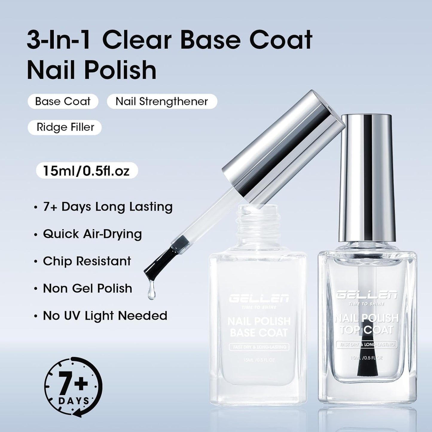 GELLEN Clear Nail Polish Base Top Coat, No Wipe High Gloss Shine Top Coat Quick Dry, Sheer Nail Base Coat Strengthener Strengthens Nails - Calcium Formula, Non UV Gel, Hema Free, Non-toxic, No Chip