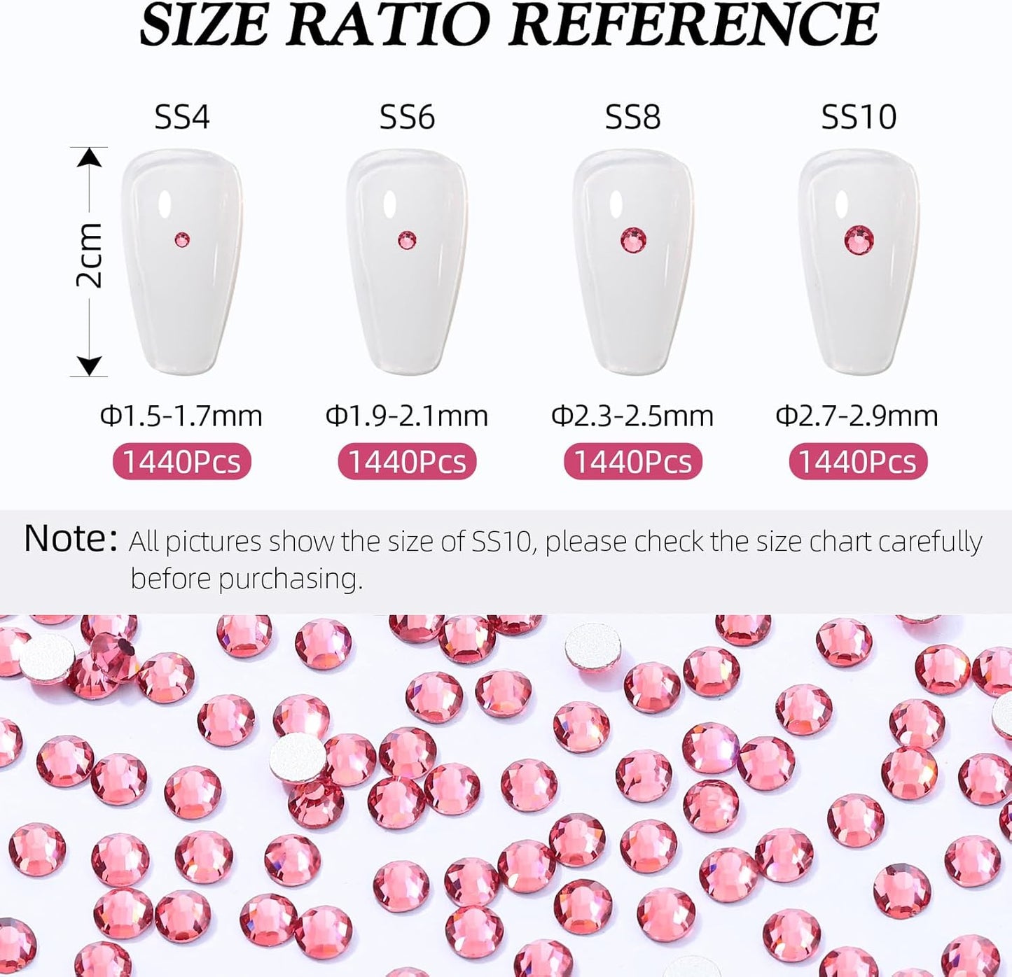 Rose Flatback Rhinestones, Glass Rhinestones for Nail Art and Craft, Glue Fix, Loose Crystal Gemstones(Rose, SS8, 1440pcs, 2.3-2.5mm)