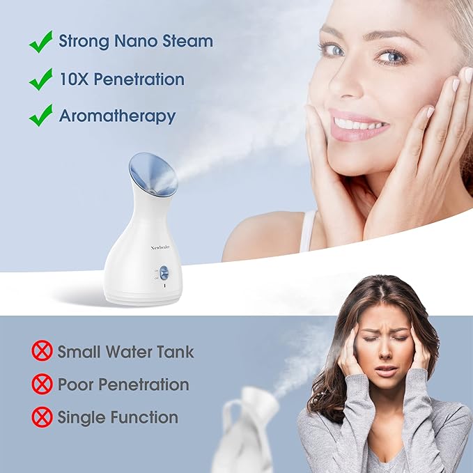 Newbealer 2in1 Facial Steamer, Hot Mist Facial Aromatherapy Humidifier Atomizer, Large Face Steamer Unclogs Pores Sinuses Moisturizing, Home Sauna Spa with Eyebrow Set (Blue, 170ml)