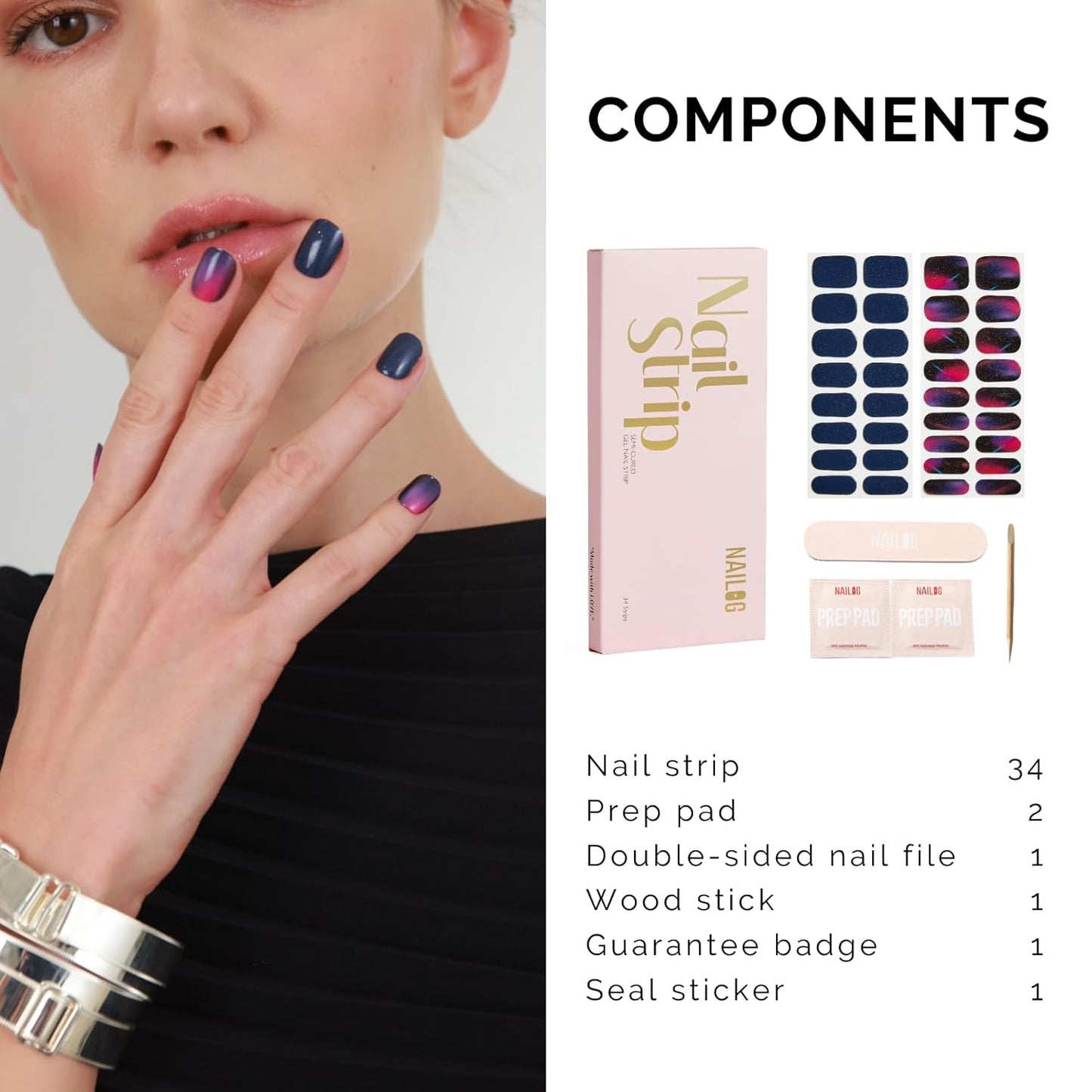 NAILOG Semi Cured Gel Strips - 34 Pcs Nail Stickers Buy 2 Get 1 UV Light | Long Lasting Wraps With Glossy Gel Finish Purple, Neon Nocturne