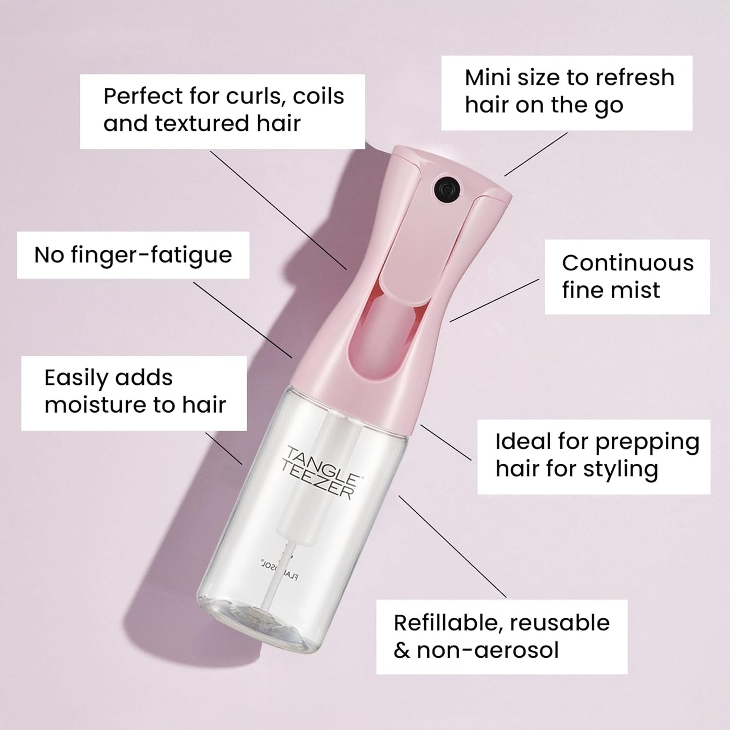 TANGLE TEEZER Travel-Size Fine Mist Continuous Spray Bottle, Reusable and Refillable, for Hair Detangling and Styling, 6.1 oz, Millennial Pink