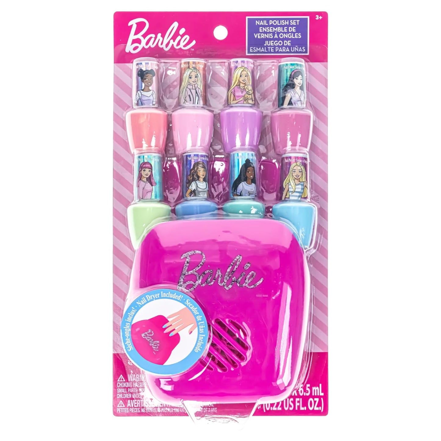 Townley Girl Barbie 8 Piece Nail Polish Set with Nail Dryer for Kids, Peel-Off Water-Based, Safe for Kids, Batteries Not Included, Ages 3 and Up