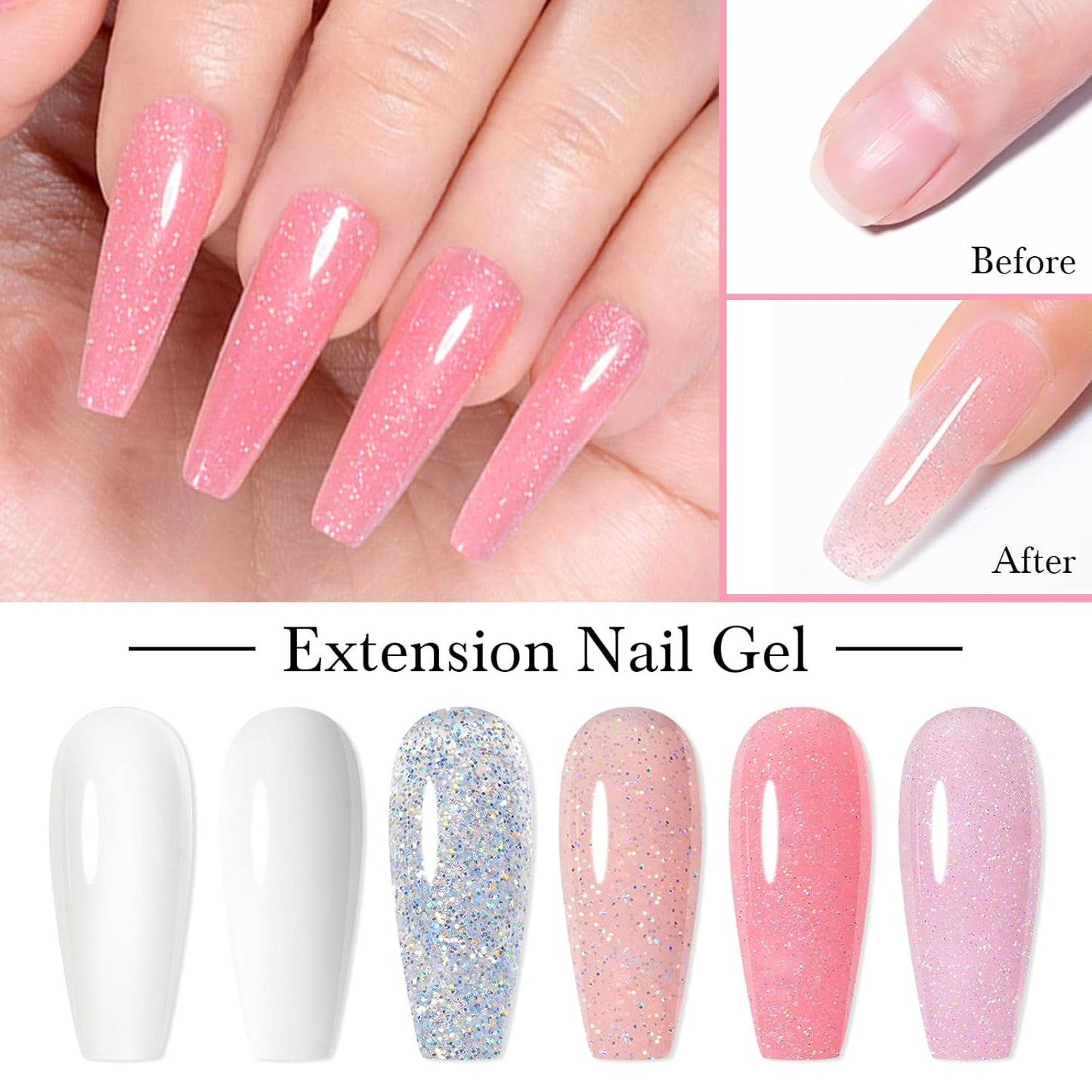 MEET ACROSS Poly Nail Gel Set - 6 Colors Glitter Extension Nails, Long Lasting, Shiny-looking, Strong Builder Enhancement for Salon Manicure DIY at Home 20ML Clear White Glitter Pink