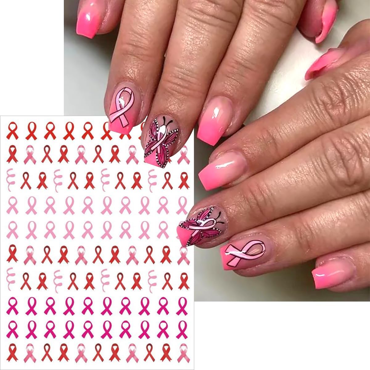 Breast Cancer Awareness Nail Decals - 4 Sheets Self-Adhesive Pink Ribbon Designs for Women DIY Supplies