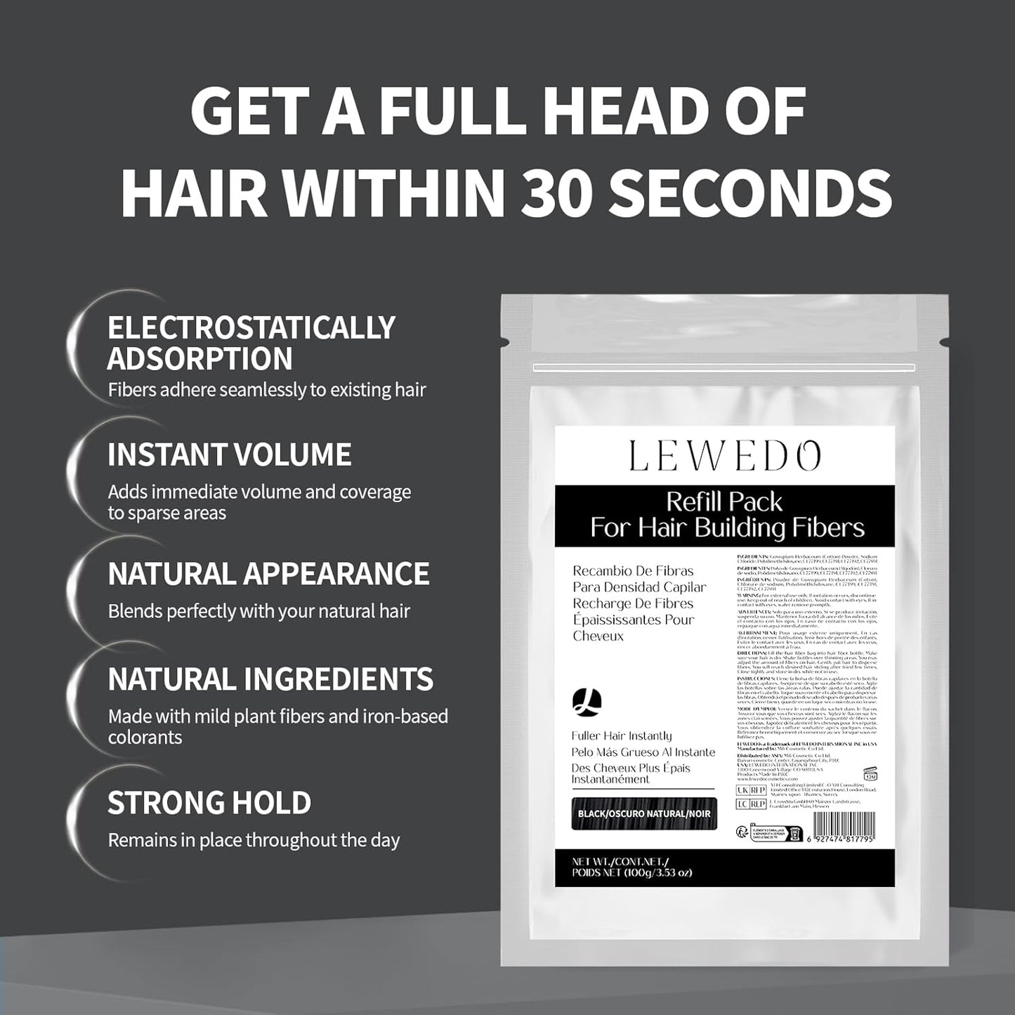 Hair Building Fibers Refill Pack - 100g Instant Thickening Fibers for Men & Women, Natural Cotton Powder, Wind/Rain Resistant, For All Hair Fiber Applicator Bottles (Medium brown)