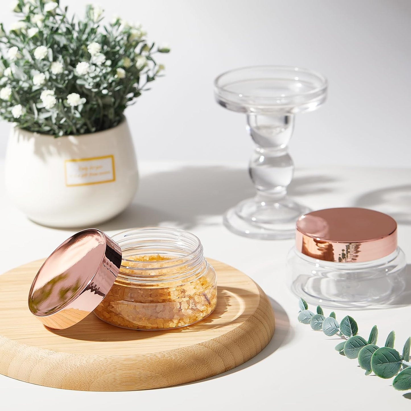 Tessco 24 Pack Plastic Jars with Lids Labels Empty Clear Plastic Jars Round Refillable Cosmetic Containers Body Butter Containers Bulk Sugar Scrub Bottle for Make Up(5 oz,Clear, Rose Gold)