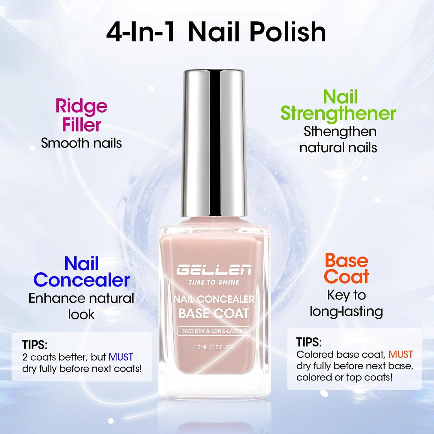 GELLEN 4-In-1 Nude Illuminating Nail Concealer Base Coat Polish Neutral Earth Tones, Sheer Nail Strengthener Ridge Filler for Nails, Smoothes Strengthens Nails, Quick Dry, Hema Free, Non-toxic, Vegan