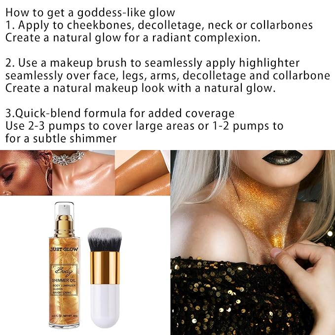 Shimmer Body Oil, Face and Body Liquid Luminizer Waterproof Moisturizing, Light Shimmer Glow Illuminator, Smooth Body Highlighter Makeup Liquid Body Shimmer (2# Gold)