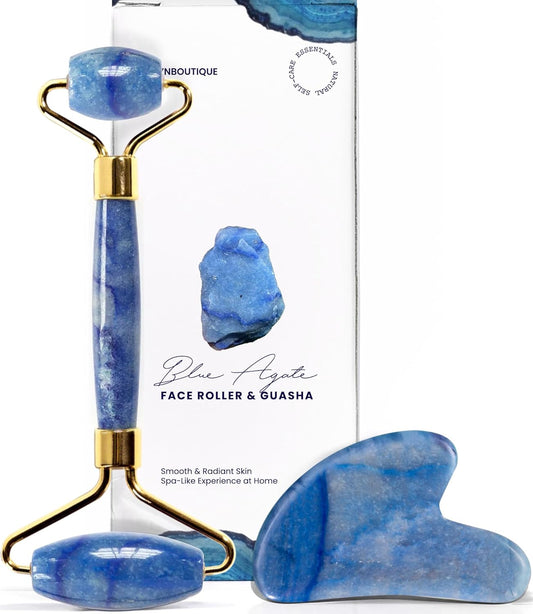 Gua Sha Facial Tools & Face Roller by ROSELYNBOUTIQUE Original Face Massager for Puffiness Wrinkless Skin Care Routine - Self Care Gift for Men Women (Blue Aventurine)
