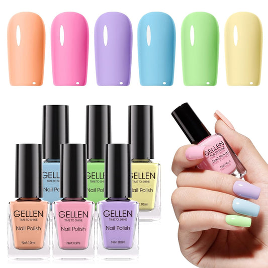 Gellen Pastel Regular Nail Polish Non Gel, Fast Air Drying Spring Summer Nail Polish No UV Light Needed Macaron 6 Colors Nude Pink Purple Blue Green Yellow Set for Women Manicure Home Salon, Hema Free