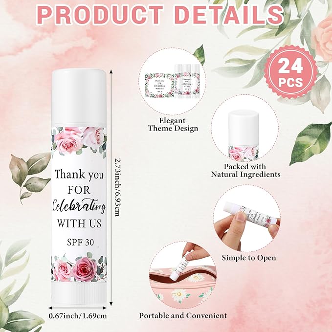 24 Pcs SPF 30 Lip Balm Bulk for Summer Wedding Baby Shower 4th of July Party Sunscreen Lip Balm Sticks Outdoor Travel Sunscreen Care Lip Balm for Thank You Gifts Party Supplies (Floral)