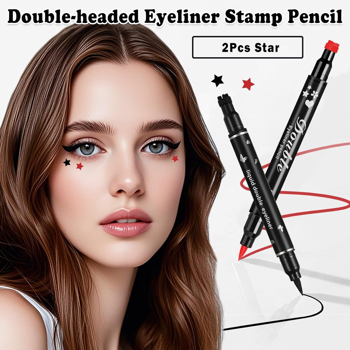 2PCS Double-headed Eyeliner Stamp Pencil Black and Red Liquid Winged Eyeliner Stamp Pen Waterproof Smudgeproof Eye Liner Stamp for Eye Makeup(Star)