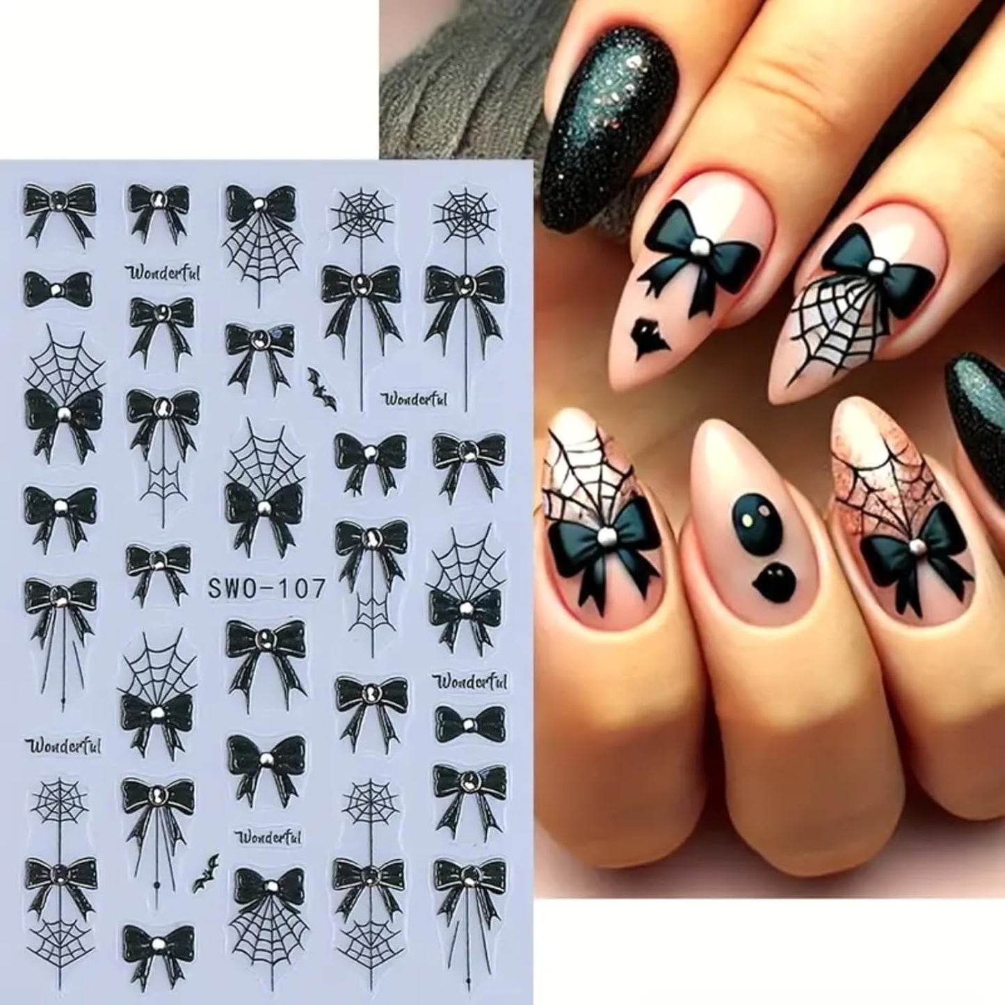 2Pcs Halloween Nail Art Stickers Decals 5D Embossed Halloween Spider Web Nail Decals Black Spider Web Bow Pattern Nail Designs Y2K Style Nail Supplies for Women Manicure Tip Decorations Accessories