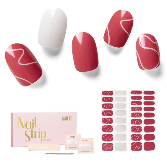 Nailog Semi Cured Gel Nail Strips 34 pcs | Buy 2 Get 1 UV Lamp | Long Lasting Nail Polish Sticker Wraps with Glossy Gel Finish (Red Dune)
